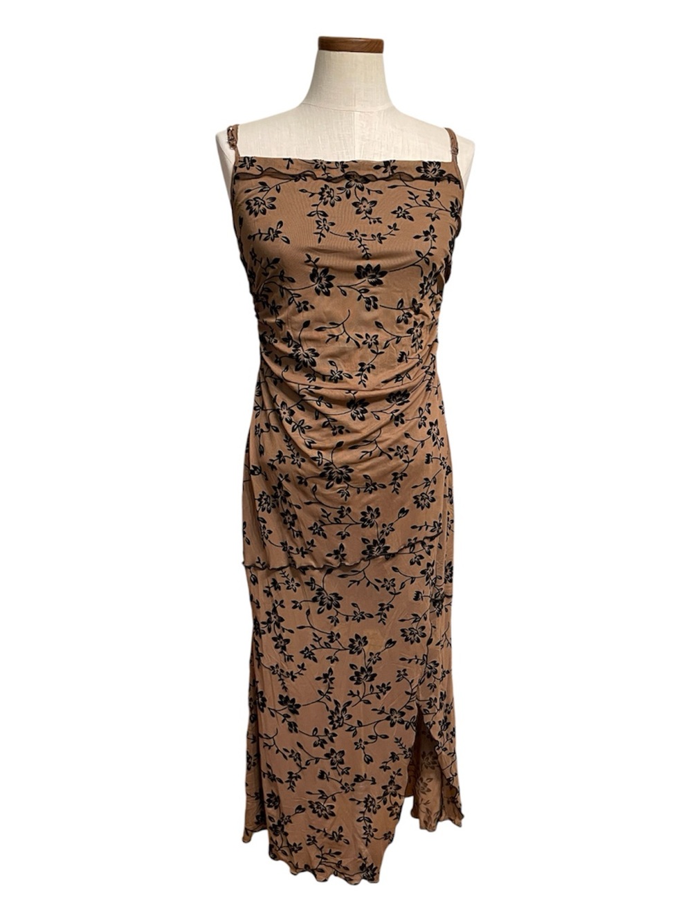 •Tan Floral Slip Dress with Black Print